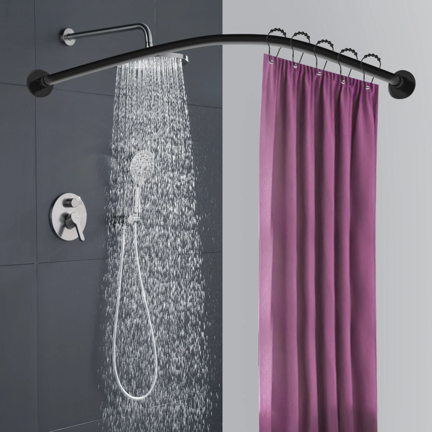Tringle de douche noire installée dans un angle de salle de bain avec rideau prune sous une douche en marche