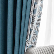 rideau moderne bleu turquoise blanc gris plissé motif géométrique voilage transparent tringle fixations