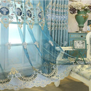 rideau opaque bleu blanc or motifs floraux brodés classique tringle rideau transparent