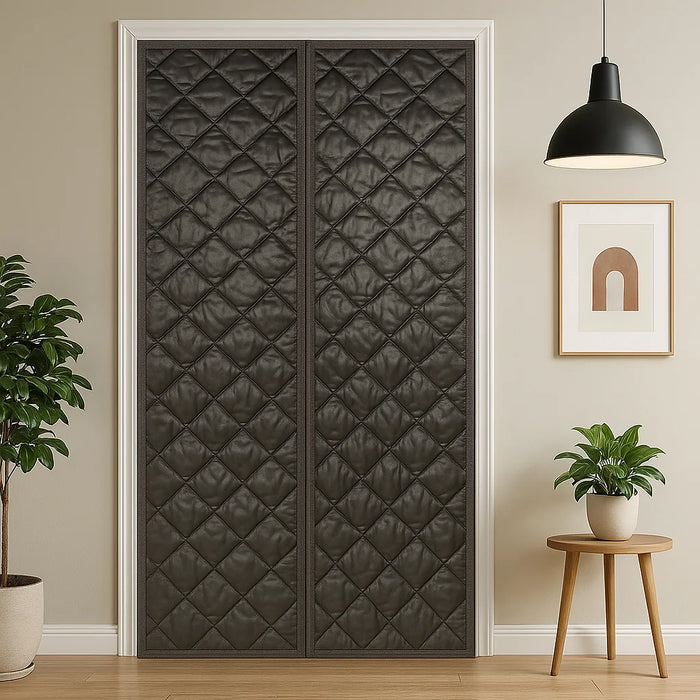 Rideau de porte matelassé marron foncé à motifs losangés, encadré par des moulures blanches dans un intérieur chaleureux, avec plante verte à gauche, lampe suspendue noire à droite, table en bois clair et cadre décoratif minimaliste au mur.