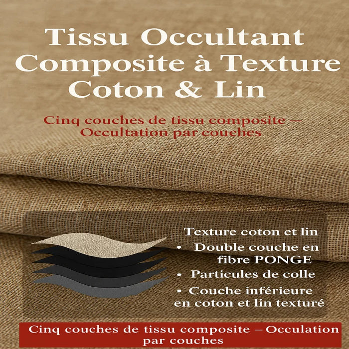 Tissu occultant composite à texture coton et lin, illustrant les cinq couches de protection pour un effet d’occultation renforcé.