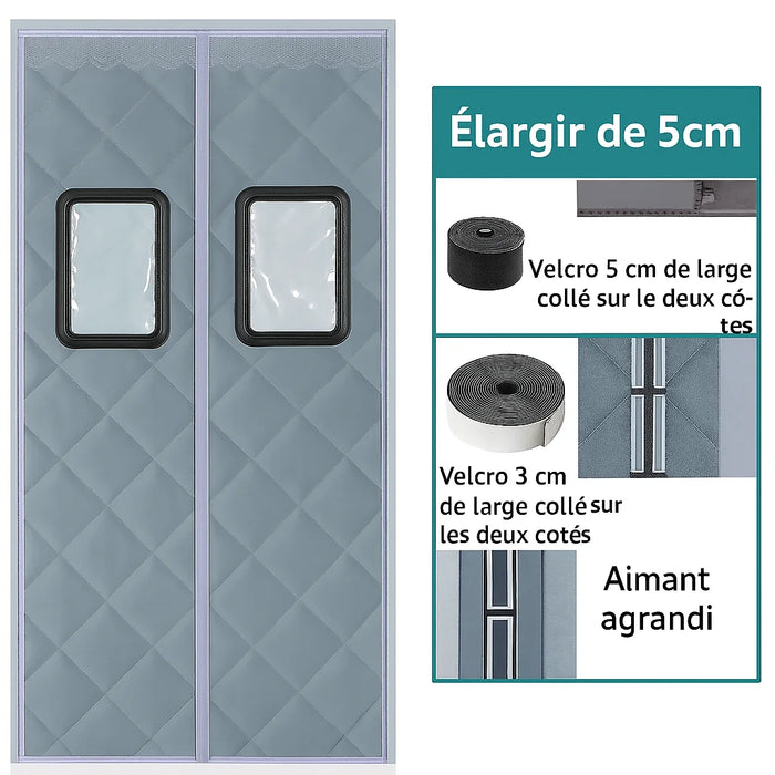 Rideau de porte gris isolant avec fenêtres transparentes, système de fixation par velcro et aimants agrandis pour une meilleure étanchéité thermique.