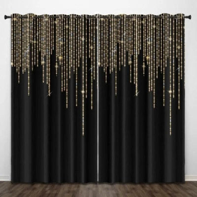 Rideaux élégants noirs avec motifs dorés scintillants, parfaits pour ajouter sophistication et style à votre intérieur. Ces rideaux modernes offrent une ambiance luxueuse et chaleureuse à votre salon ou chambre à coucher. Idéal pour créer un effet spectaculaire dans votre décoration intérieure.