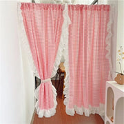 rideau gingham rose blanc semi transparent romantique chambre fleuri tringle rubans nœuds meubles
