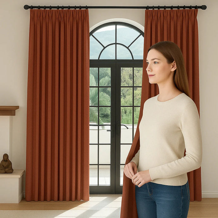 Femme en pull beige touchant un rideau marron plissé devant une grande fenêtre arquée avec vue sur la nature.