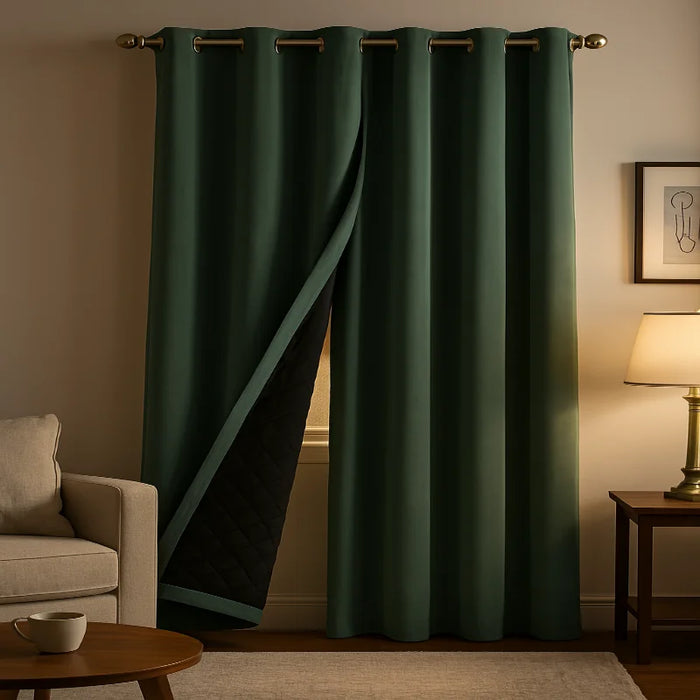 Rideau vert isolant thermique dans un bel espace de vie.