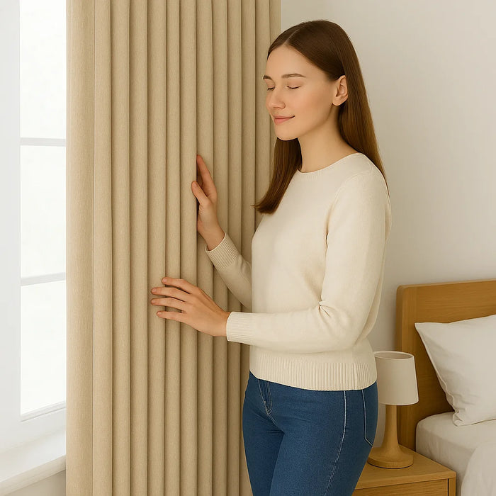 Femme souriante en pull beige touchant un rideau beige plissé dans une chambre lumineuse à la décoration minimaliste.