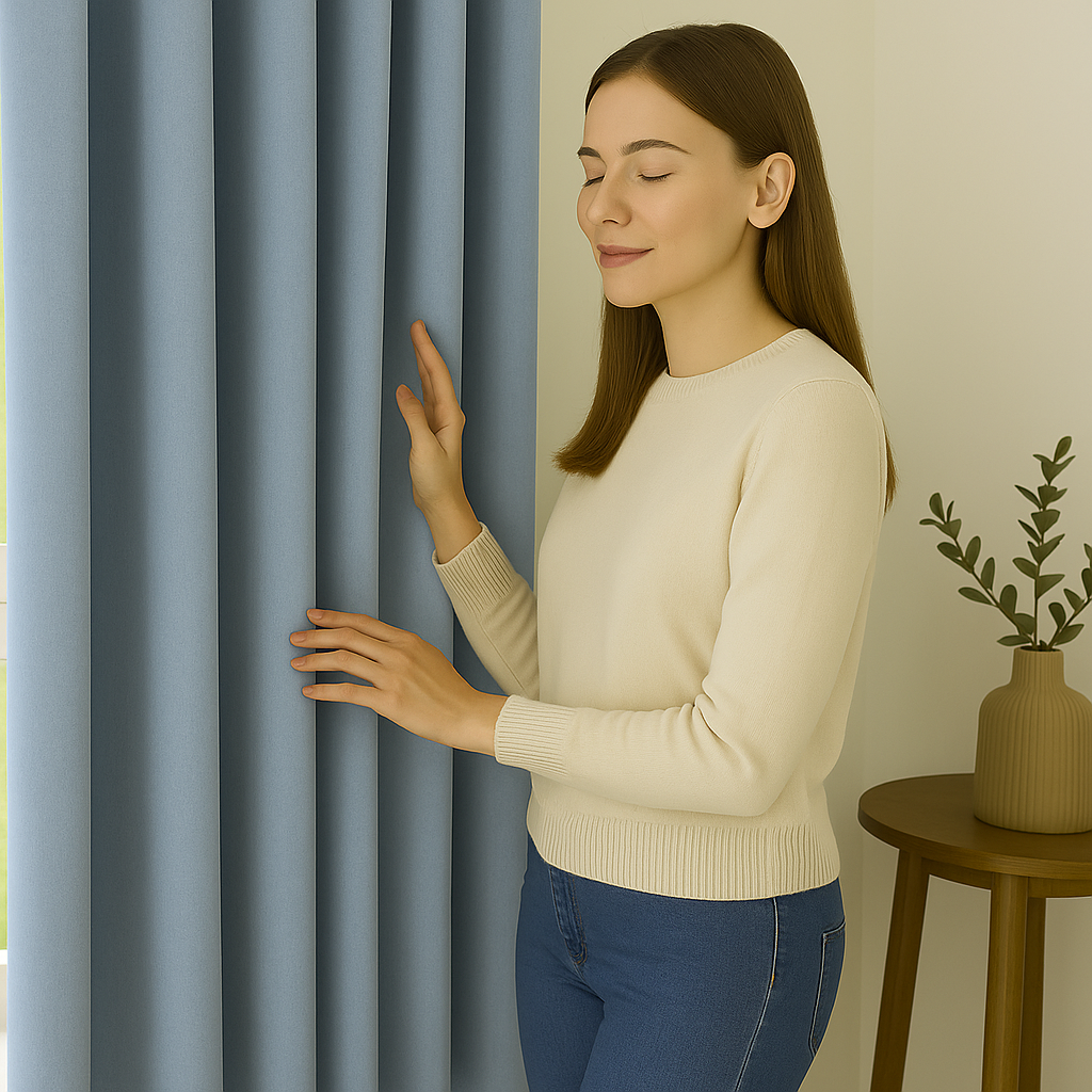 Jeune femme souriante aux yeux fermés touchant un rideau occultant bleu clair dans une pièce lumineuse à la décoration naturelle.