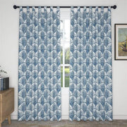rideaux moderne bleu blanc motifs abstraits coquillages plumes deco tringle