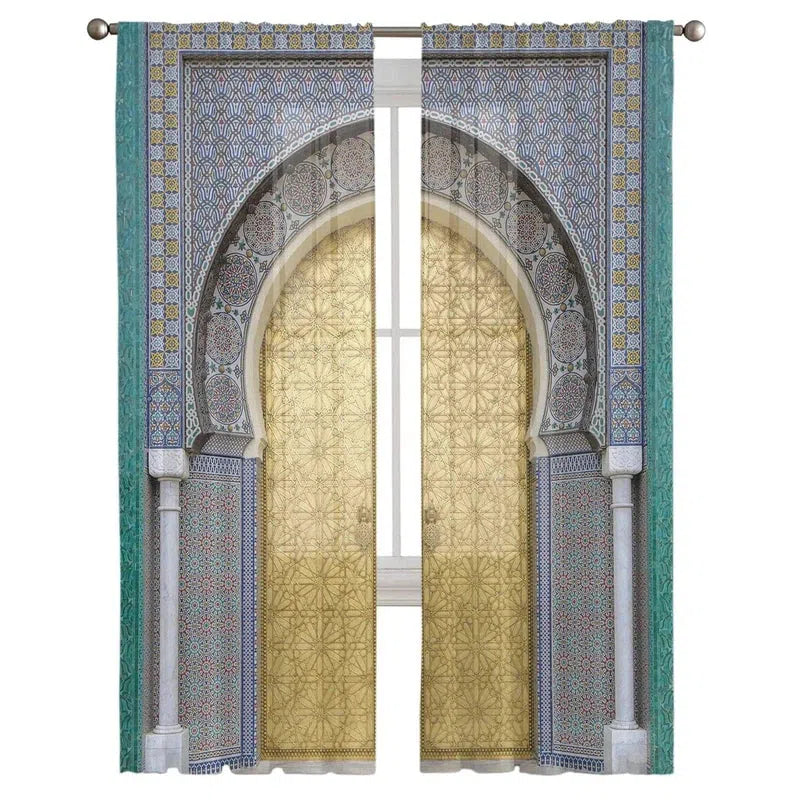 Rideaux élégants ornés de motifs architecturaux rappelant l'art oriental, parfaits pour apporter une touche exotique et sophistiquée à votre intérieur. Ces panneaux ajouteront un charme unique à votre décoration, tout en laissant passer une douce lumière tamisée. Idéal pour transformer votre salon ou chambre avec une ambiance chaleureuse et accueillante.