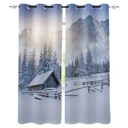 rideaux paysage montagne enneigée forêt bois bleu blanc gris intérieur rustique decoration tringle