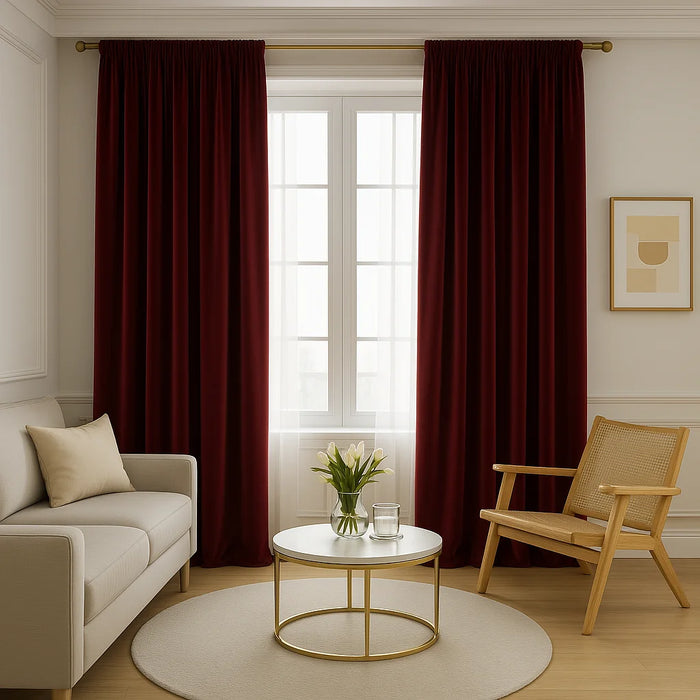 Photographie d’un salon élégant avec des rideaux occultants en velours bordeaux suspendus à une grande fenêtre, créant une atmosphère chaleureuse et raffinée.
