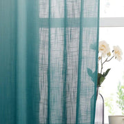 rideau bleu turquoise blanc moderne translucide tissage texture élégant minimaliste océan fleur vase cadre