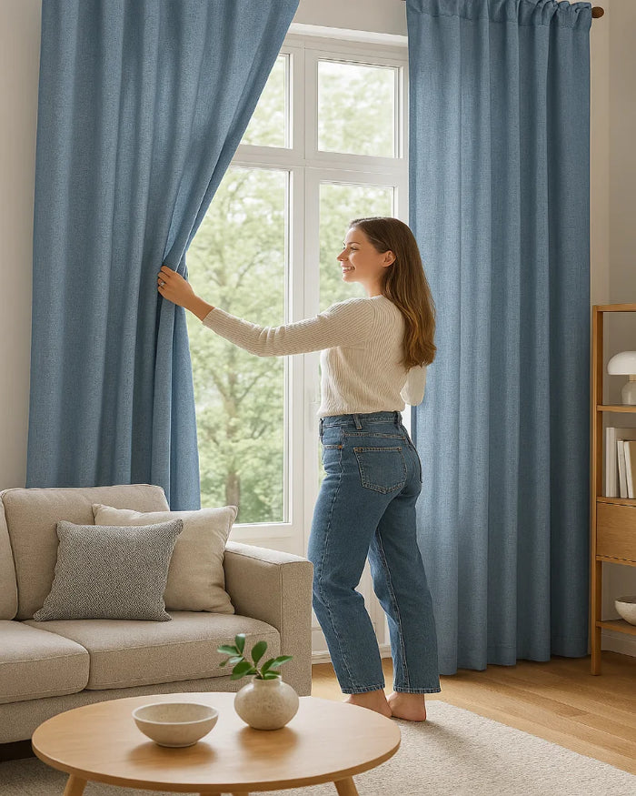 Femme souriante ouvrant un voilage bleu texturé dans un salon moderne lumineux.