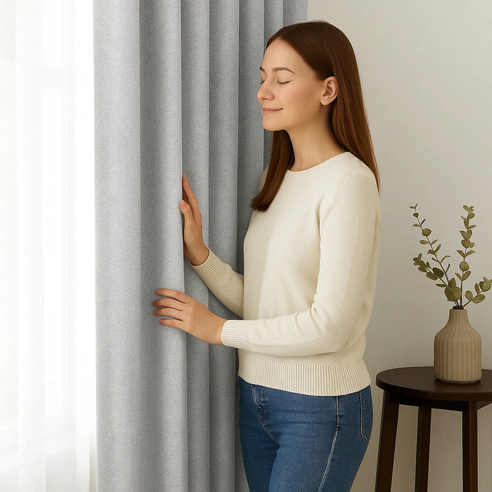 Femme brune aux yeux fermés touchant un voilage gris clair dans un intérieur lumineux, transmettant une sensation de confort et de calme.