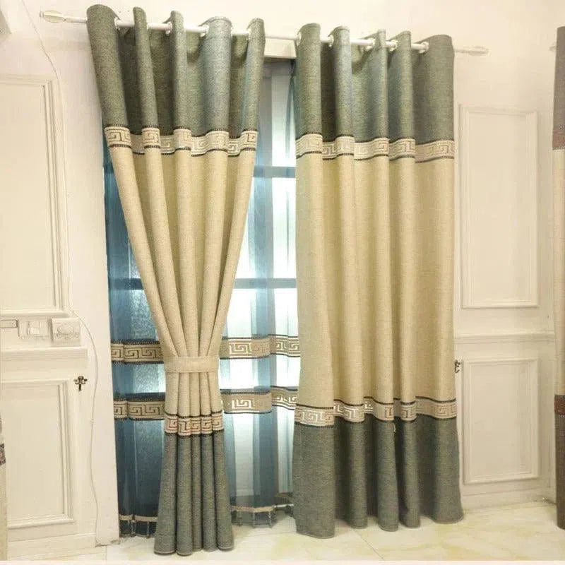 Ensemble de rideaux élégants bicolores pour salon, intégrant des nuances de vert et de beige. Idéal pour ajouter une touche de sophistication à votre intérieur. Conception contemporaine avec des motifs géométriques subtils en relief. Parfait pour la décoration de salon moderne ou classique, offrant une ambiance chaleureuse et accueillante. Facile à installer grâce à des œillets solides.