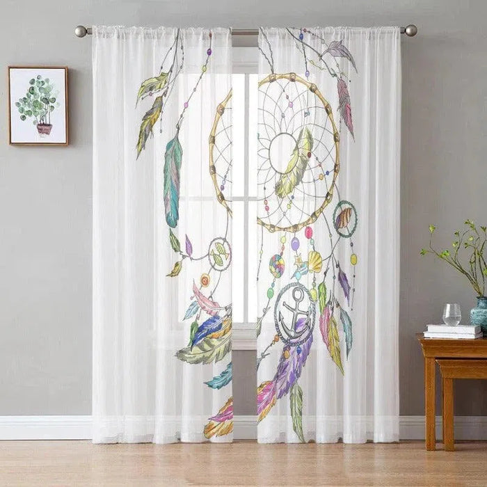 Rideaux décoratifs avec motif attrape-rêves coloré, parfaits pour ajouter une touche bohème et artistique à votre salon ou chambre à coucher. Ces rideaux translucides laissent passer la lumière tout en offrant une décoration unique et élégante pour vos fenêtres. Embellissez votre intérieur avec ces rideaux au design original et apaisant, ornés de plumes et de perles multicolores. Idéal pour créer une atmosphère relaxante et inspirante dans votre maison