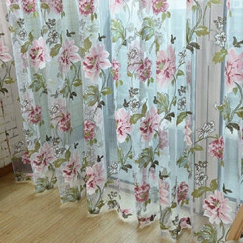 Rideaux transparents à motifs floraux roses et verts, élégants et lumineux, parfaits pour ajouter une touche de fraîcheur à votre intérieur. Idéal pour les salons ou chambres à coucher, ce design fleuri rehausse l'ambiance de votre espace avec charme et légèreté.