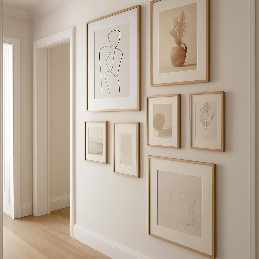 Disposition de tableaux dans un couloir pour décorer et agrandir l'espace