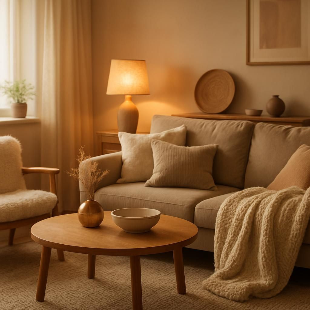 Ambiance cosy dans un salon avec canapé moelleux, plaids et éclairage doux