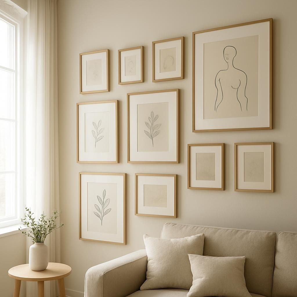 Disposition harmonieuse de cadres sur un mur pour une décoration intérieure réussie