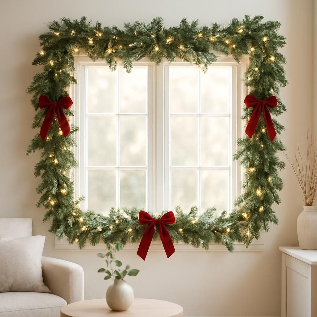 Décoration de fenêtre pour Noël avec guirlandes et lumières festives