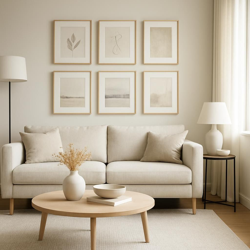 Disposition de cadres décoratifs au-dessus d'un canapé pour embellir votre salon