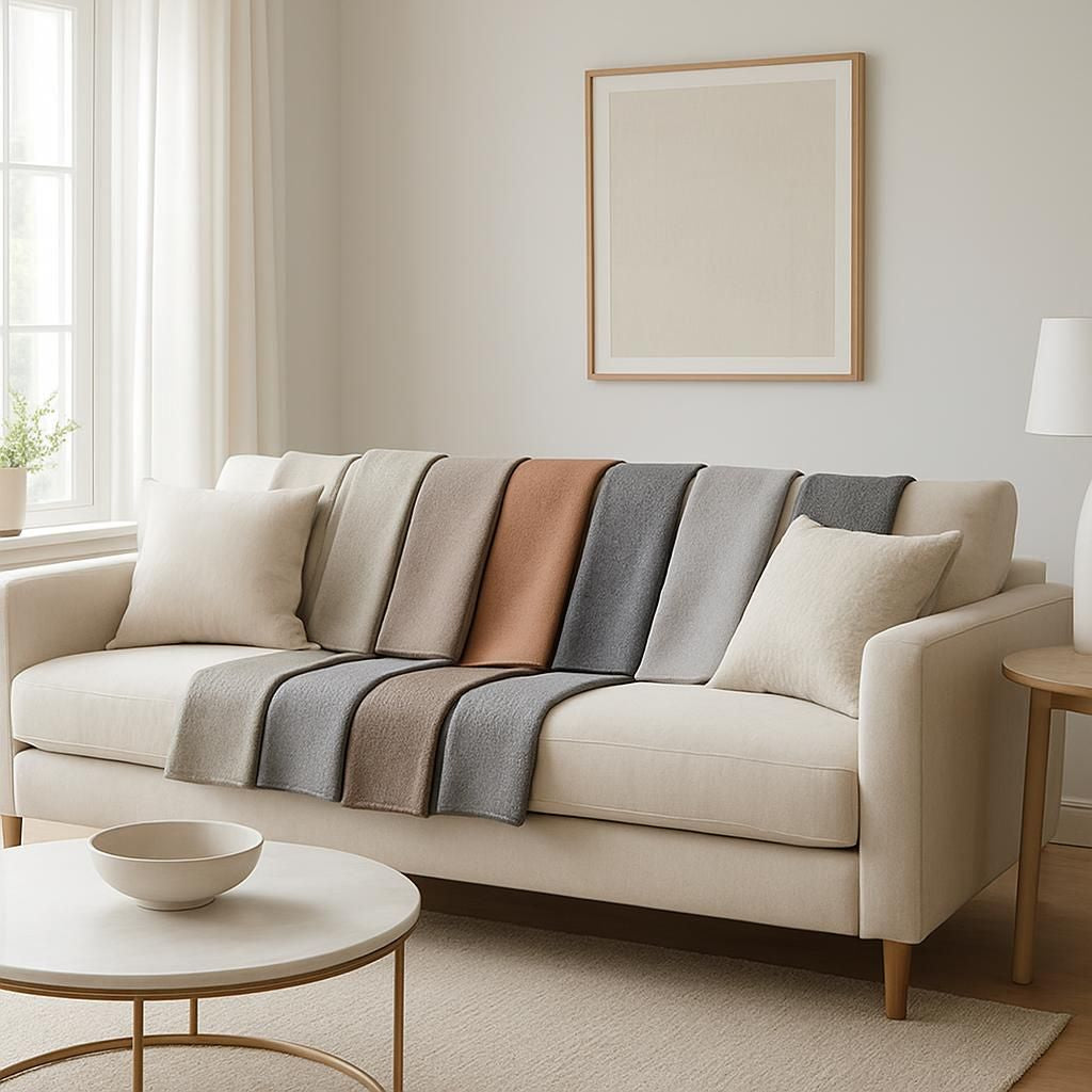 Housse de canapé grise en tissu pour un salon moderne et cosy.