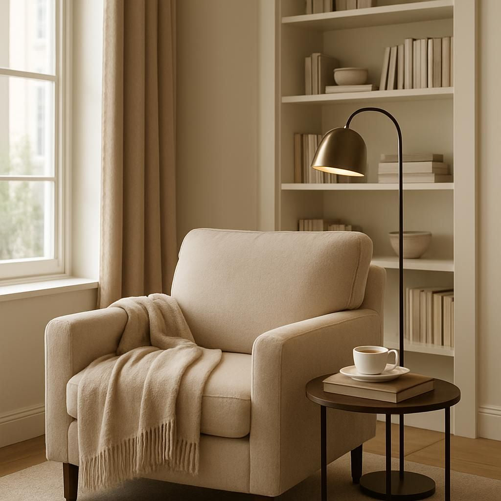 Coin lecture cosy avec fauteuil, bibliothèque et éclairage doux pour se détendre