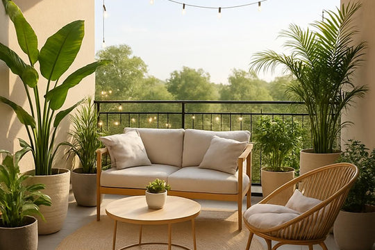 Décoration de balcon avec des plantes et mobilier extérieur pour un espace convivial