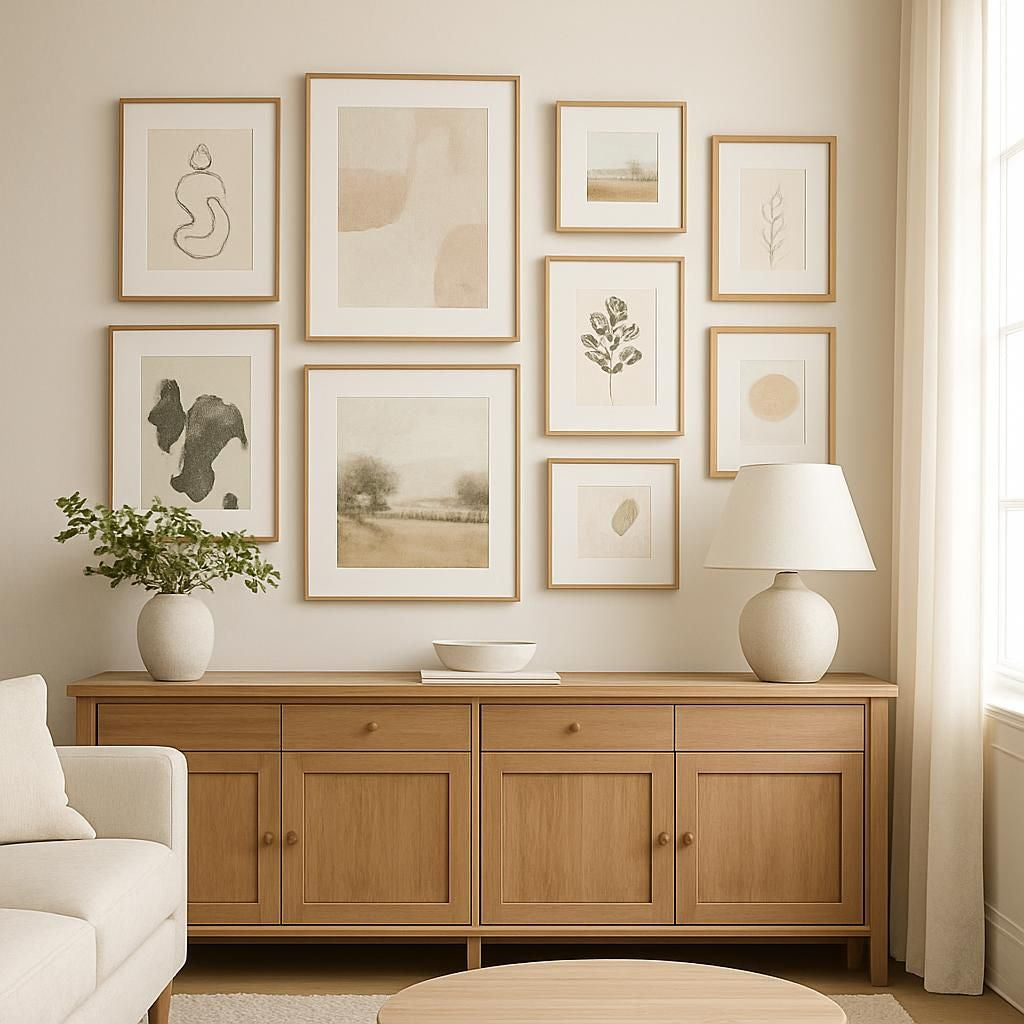Disposition de cadres décoratifs au-dessus d'un buffet pour une décoration murale élégante