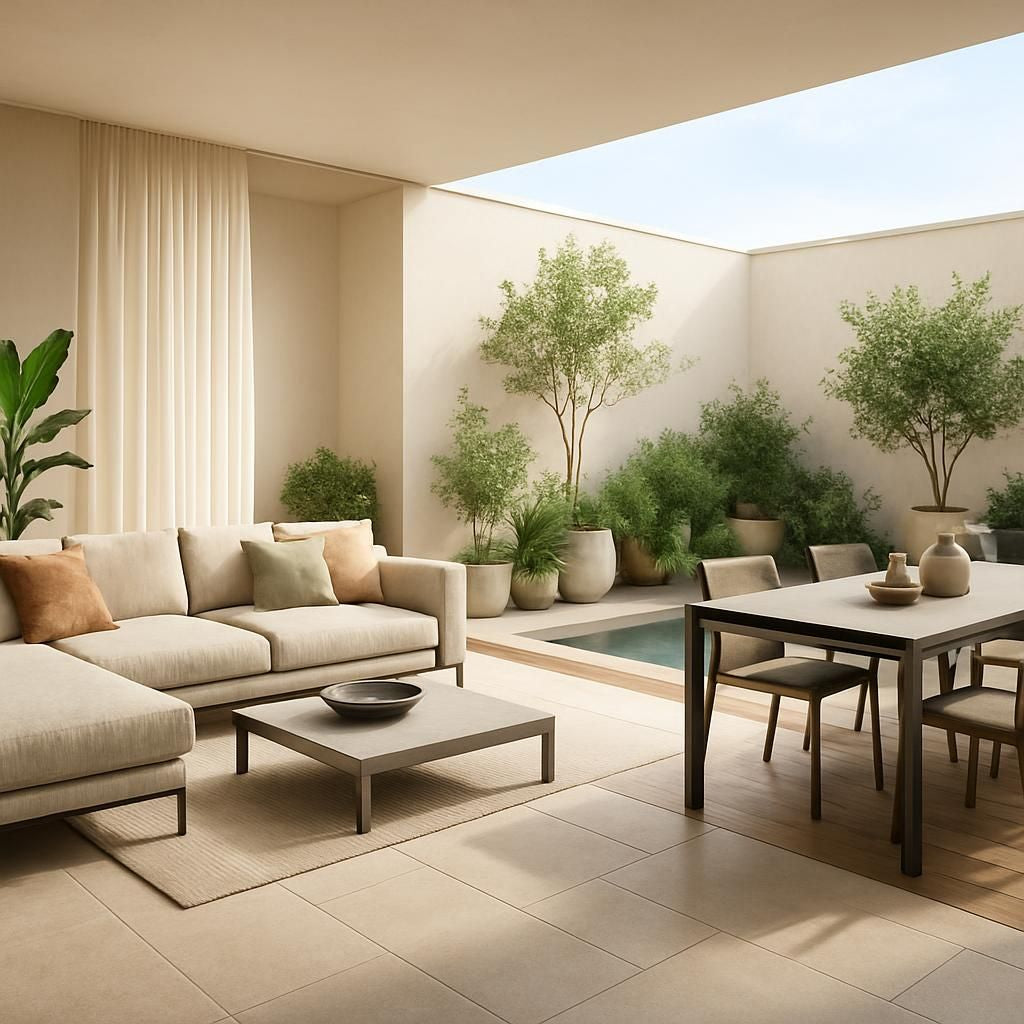 Agencement d'une grande terrasse avec salon de jardin et plantes en pots