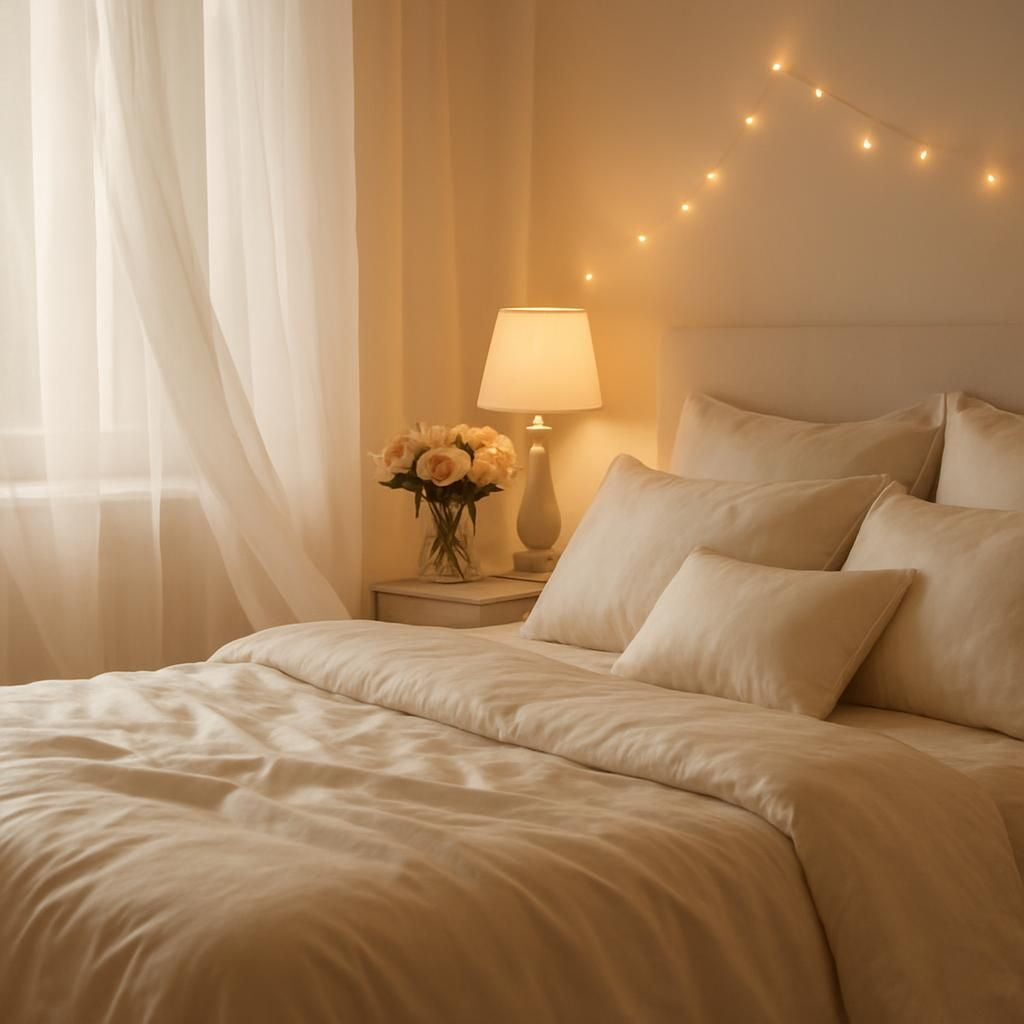 Décoration de chambre romantique avec lumières douces et textiles délicats