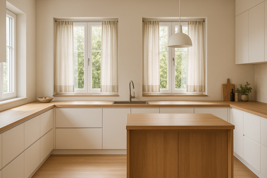 Cuisine moderne de style scandinave avec grandes fenêtres habillées de rideaux courts en lin, placards blancs sans poignées, plan de travail en bois naturel et lumière naturelle abondante créant une ambiance chaleureuse et minimaliste.