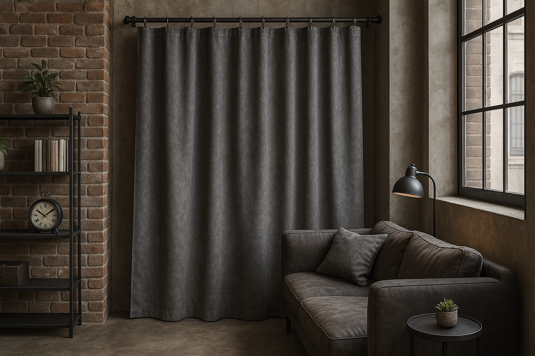 Rideau gris au style industriel suspendu sur une tringle noire dans un salon moderne avec mur en briques, canapé foncé et décoration vintage.