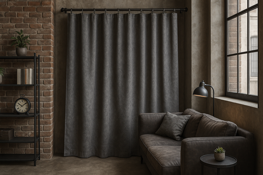Rideau gris au style industriel suspendu sur une tringle noire dans un salon moderne avec mur en briques, canapé foncé et décoration vintage.