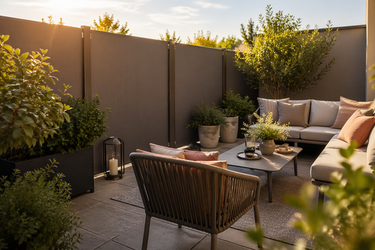 Terrasse extérieure aménagée avec mobilier de jardin élégant, plantes en pots et brise-vue occultant pour préserver l’intimité.