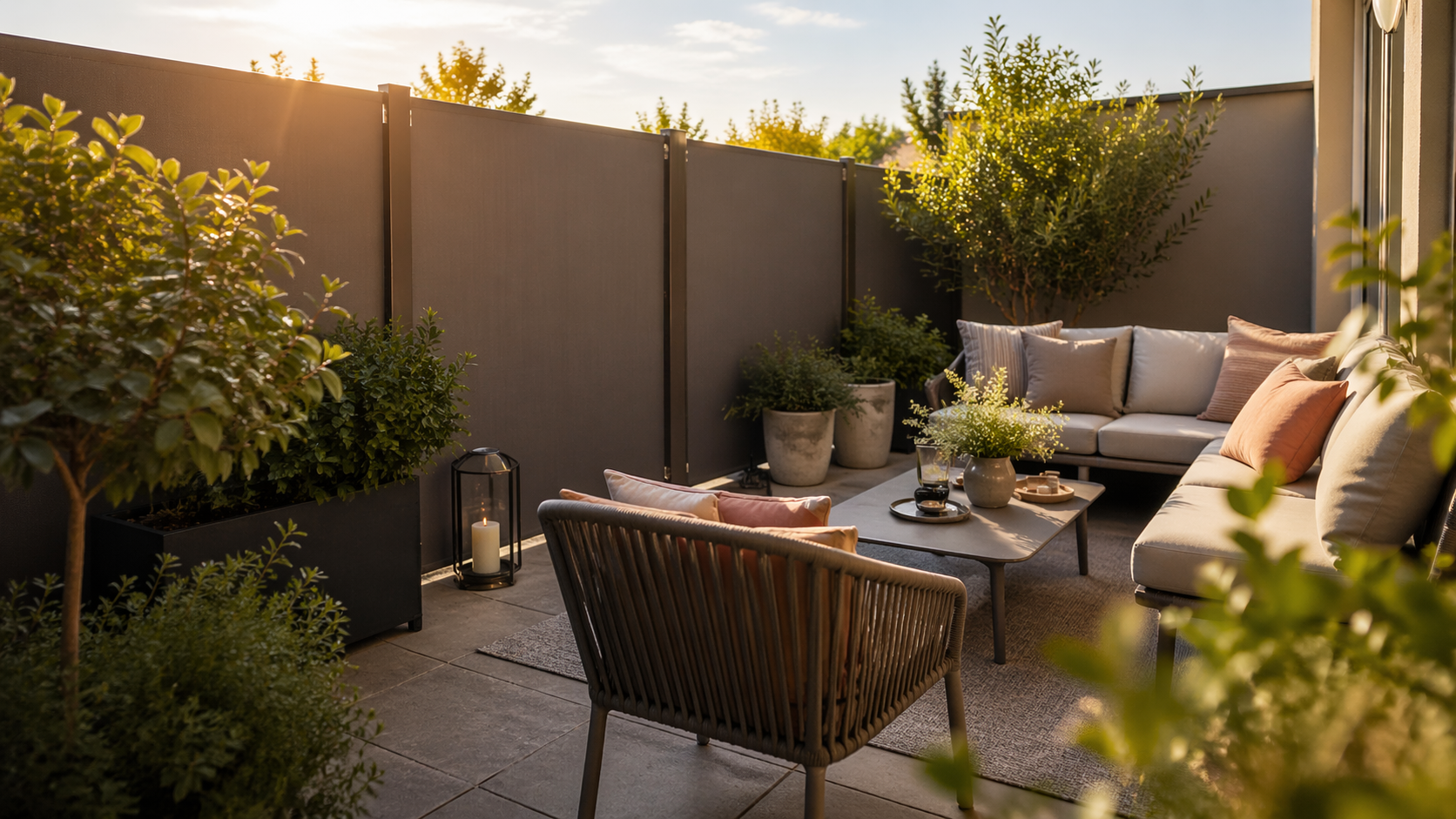 Terrasse extérieure aménagée avec mobilier de jardin élégant, plantes en pots et brise-vue occultant pour préserver l’intimité.