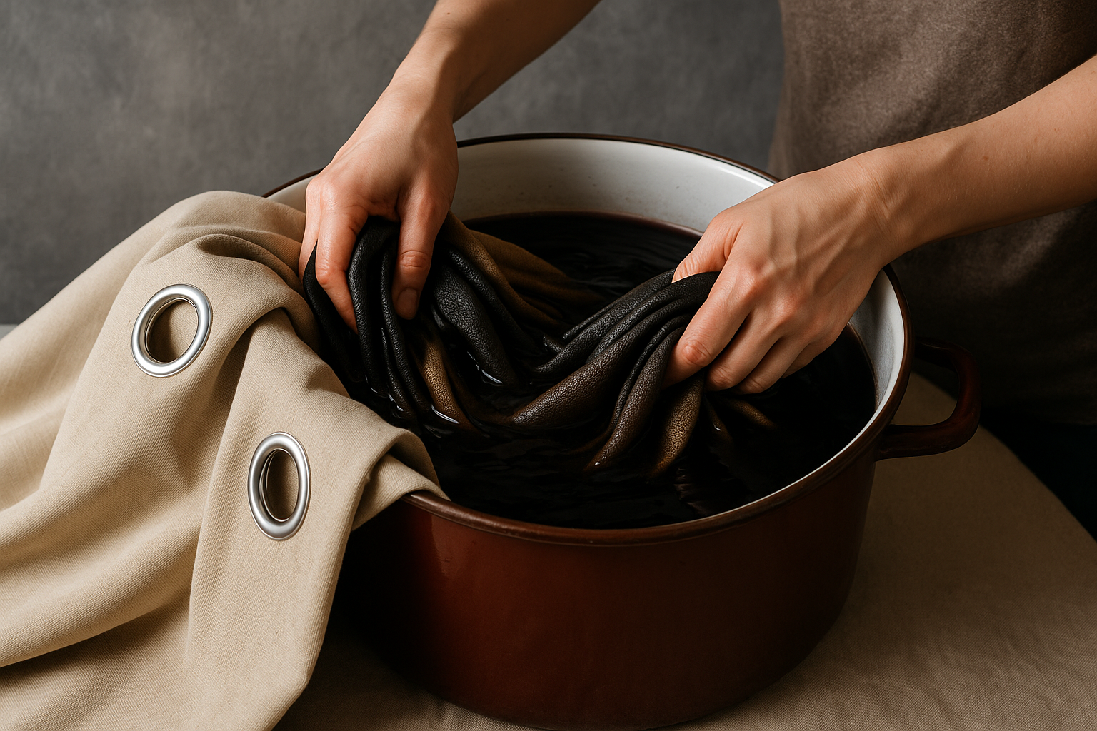 Teinture manuelle de rideaux occultants beige plongés dans une bassine de teinture foncée, montrant le contraste entre le tissu sec et le tissu teint.