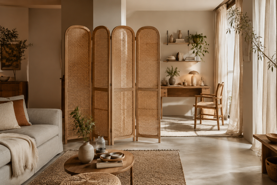 Paravent intérieur en cannage séparant élégamment un salon lumineux d’un coin bureau, avec rideaux légers, mobilier en bois et ambiance naturelle cocooning.