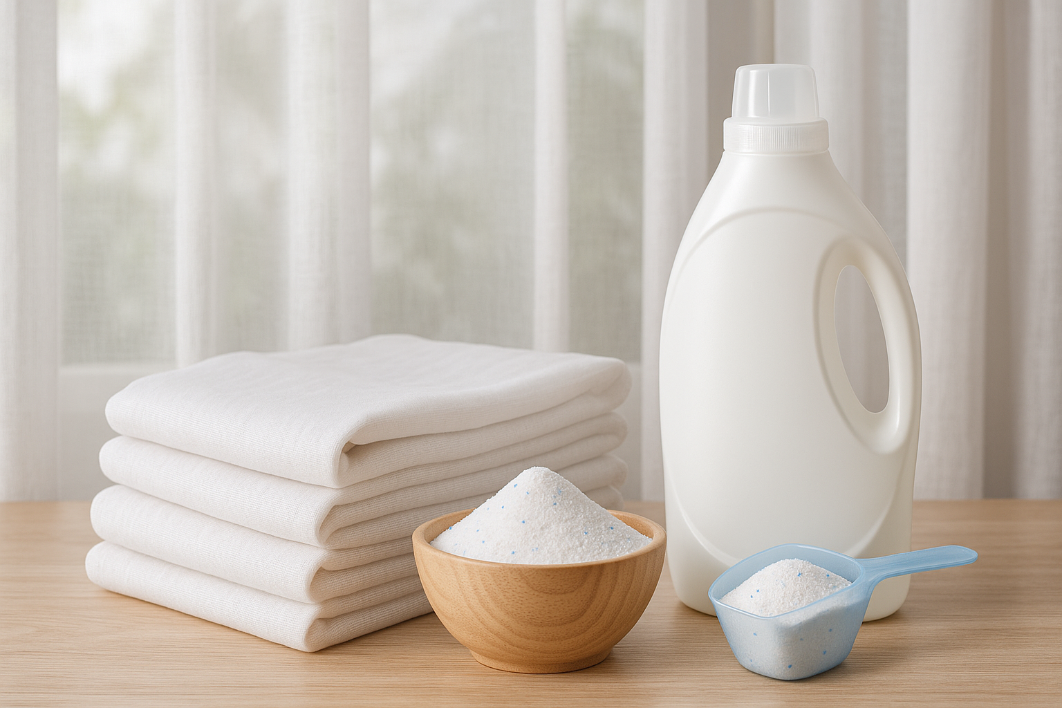 Lessive en poudre et liquide posées sur une table en bois, avec des voilages blancs pliés et suspendus en arrière-plan, lumière naturelle douce.