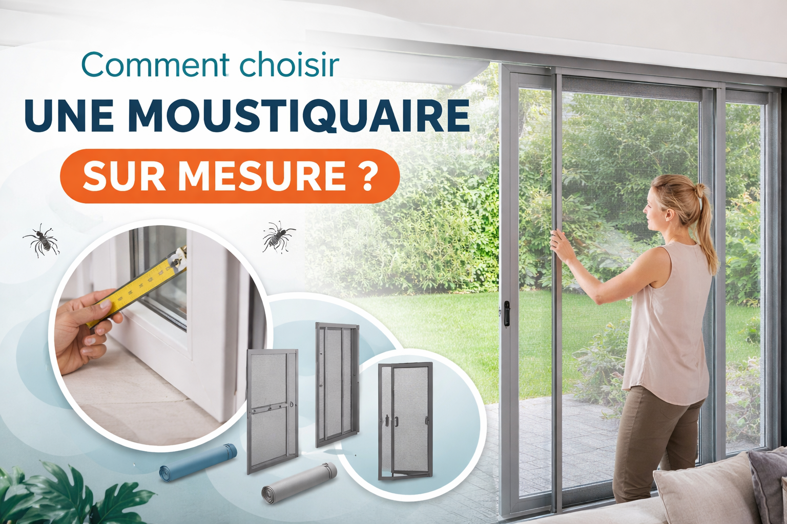 Bannière illustrant le choix d’une moustiquaire sur mesure pour une baie vitrée coulissante, avec prise de mesure d’une fenêtre et présentation de plusieurs modèles de moustiquaires.
