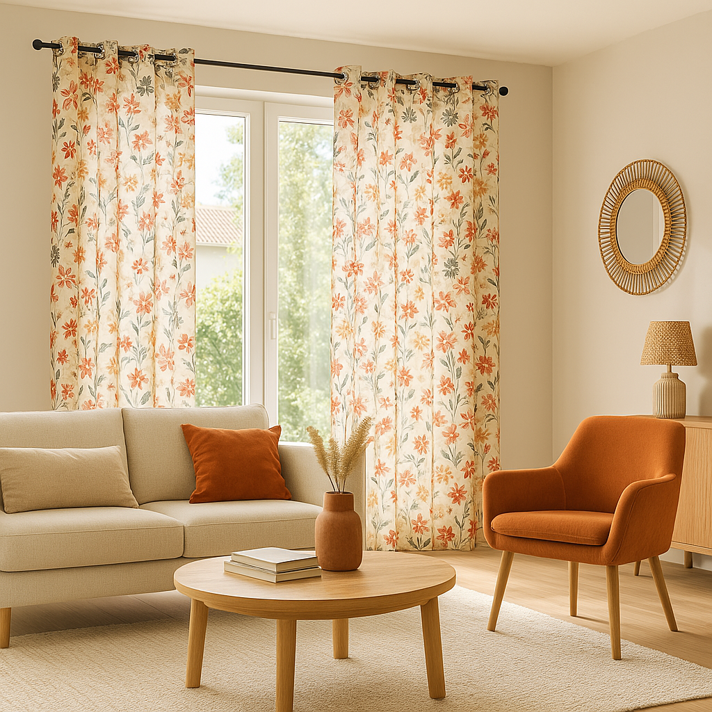 Salon moderne avec rideaux fleuris orange et beige, fauteuil terracotta et déco naturelle tendance 2025