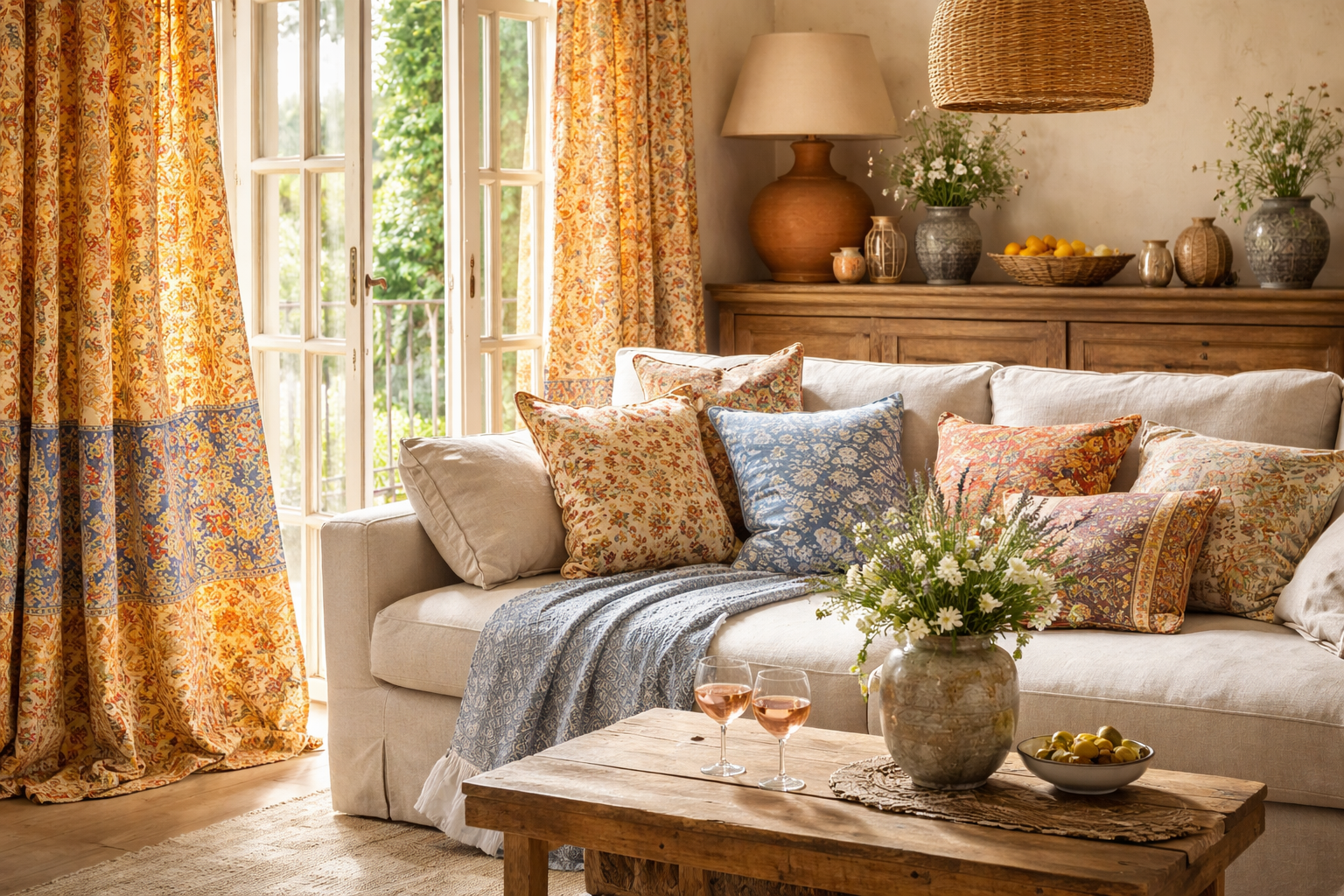 Salon lumineux d’inspiration provençale avec rideaux à motifs floraux, canapé en lin clair, coussins colorés et décoration chaleureuse aux accents méditerranéens.
