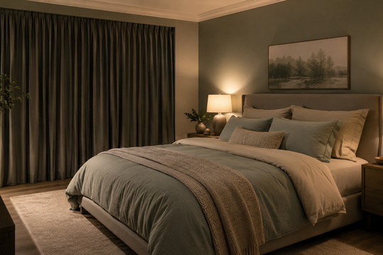  magnifique chambre moderne avec literie bleu et grise