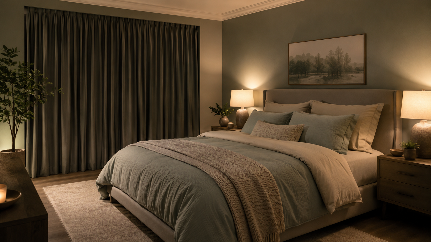  magnifique chambre moderne avec literie bleu et grise