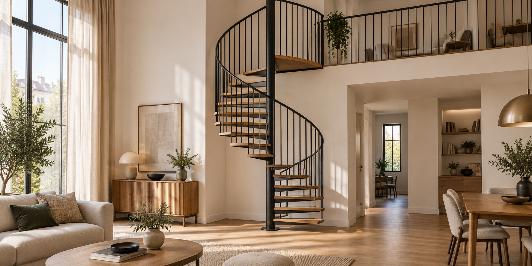 Escalier en colimaçon en bois et métal noir menant à une mezzanine dans un intérieur lumineux aux tons naturels.