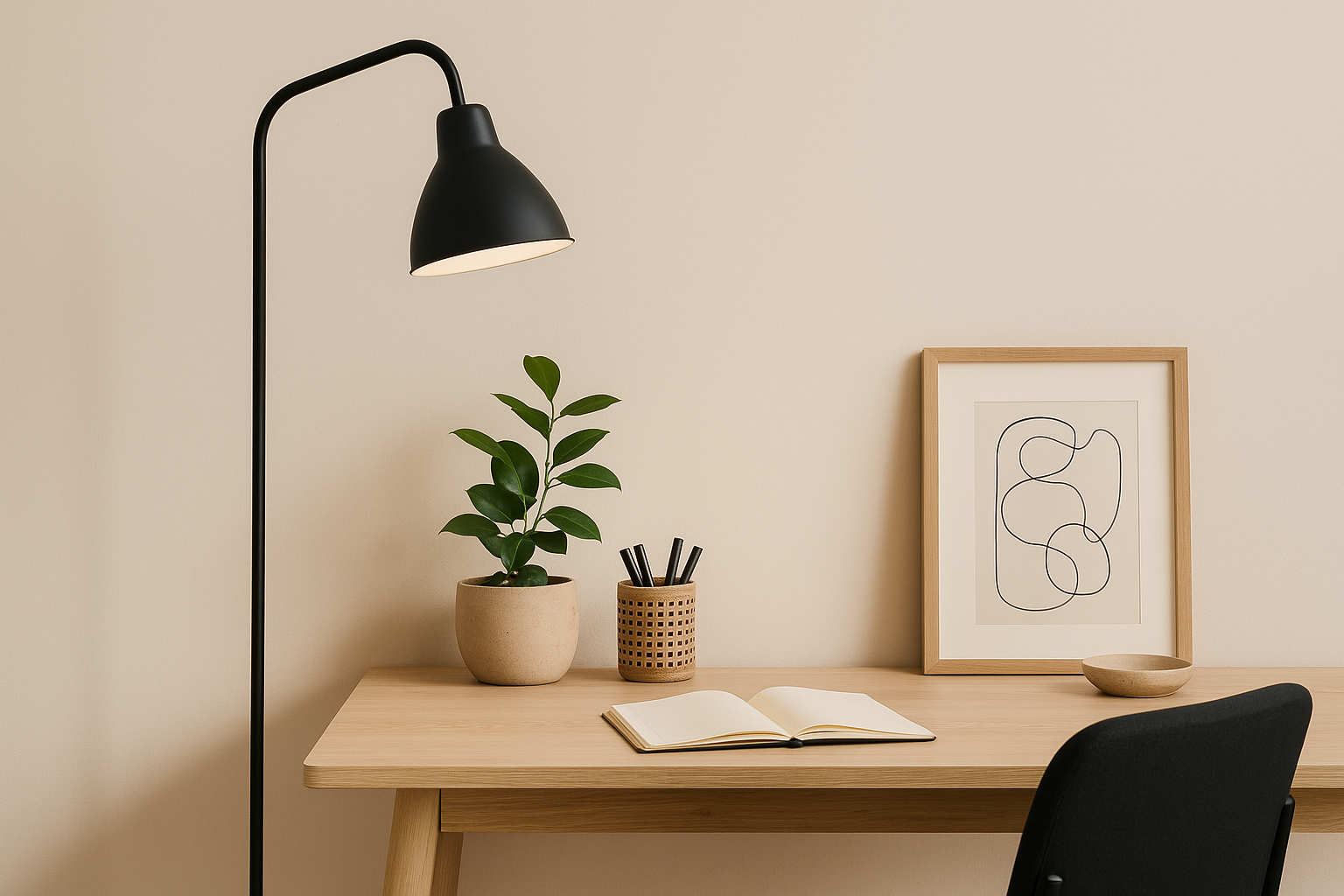 Bannière réaliste montrant un bureau moderne minimaliste avec un lampadaire noir mat, un bureau en bois clair, une plante verte et une décoration murale sobre.