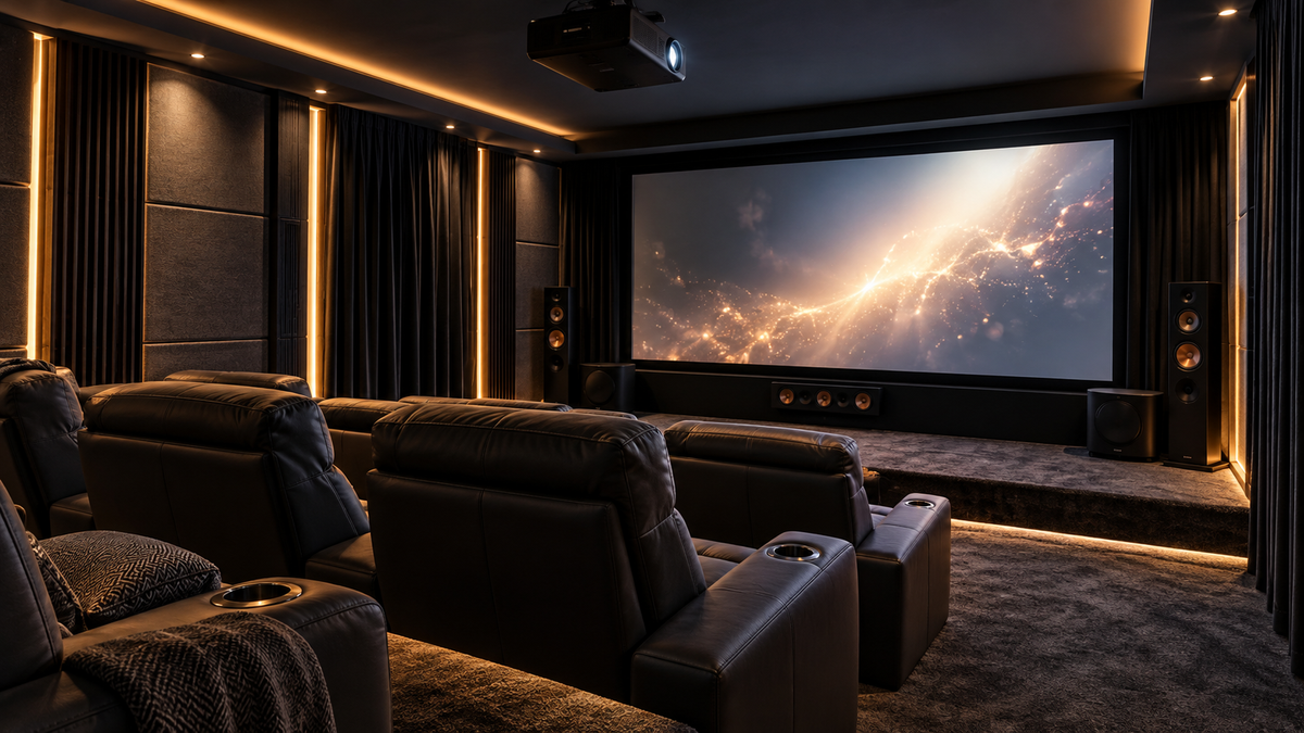 Salle de cinéma maison moderne avec vidéoprojecteur 4K, grand écran de projection, fauteuils inclinables, enceintes surround et éclairage LED tamisé.