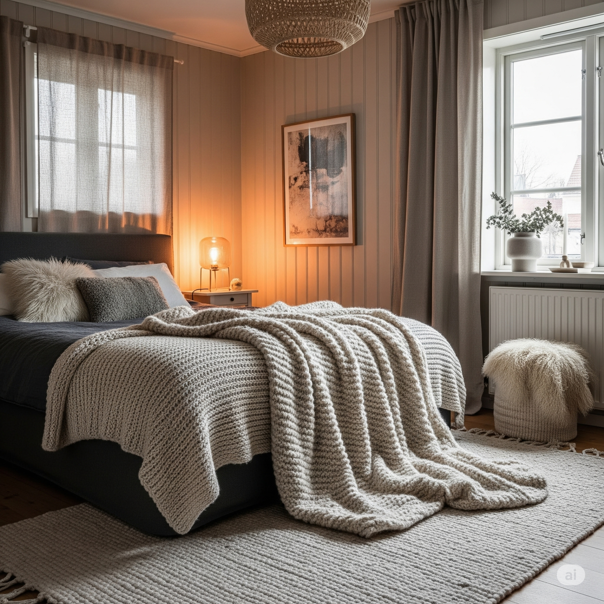 Une chambre à coucher scandinave à l'ambiance cocooning, avec un lit confortable, des textiles doux comme des plaids en tricot et des coussins, et un éclairage chaud créant une atmosphère intime et relaxante.